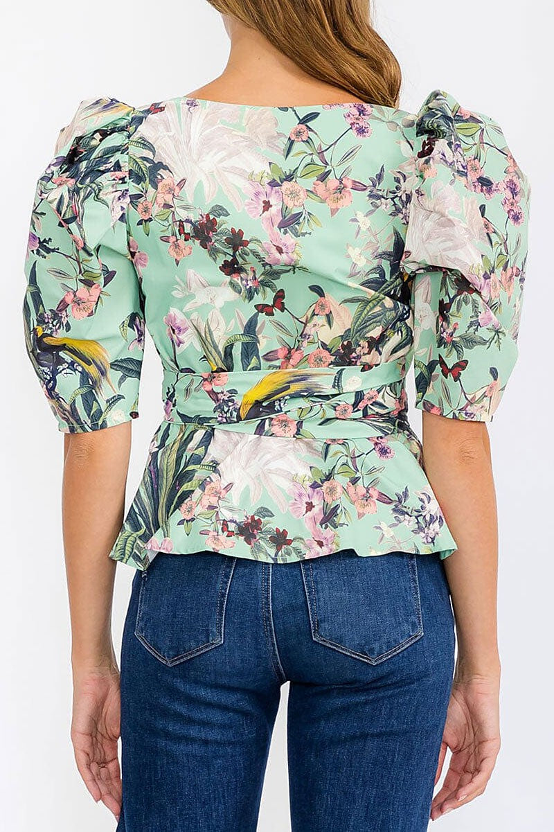 Short puff sleeve wrap floral blouse top (RVWT6266)