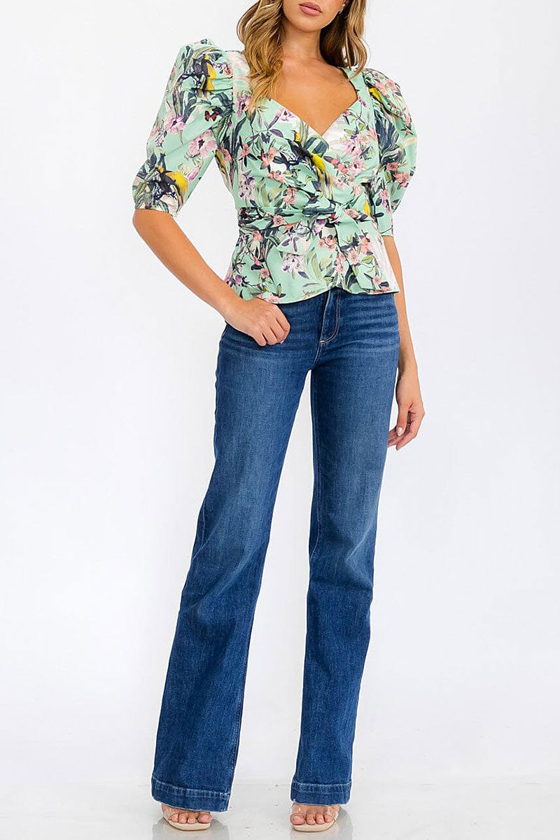 Short puff sleeve wrap floral blouse top (RVWT6266)