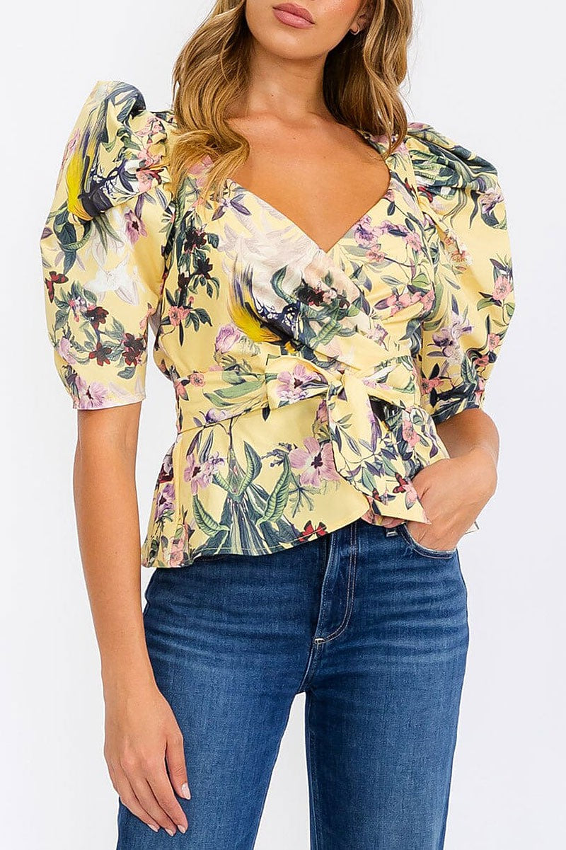 Short puff sleeve wrap floral blouse top (RVWT6266)