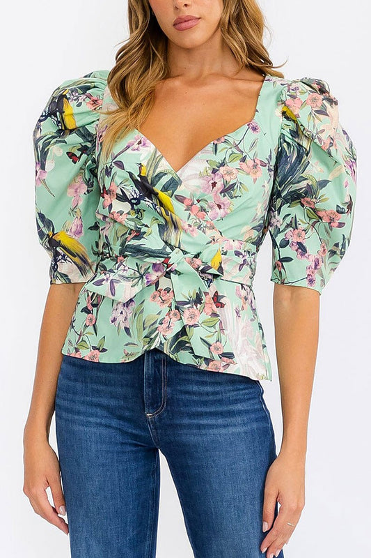 Short puff sleeve wrap floral blouse top (RVWT6266)