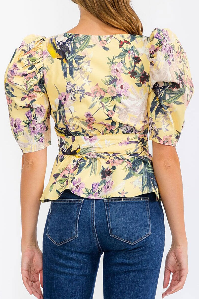 Short puff sleeve wrap floral blouse top (RVWT6266)