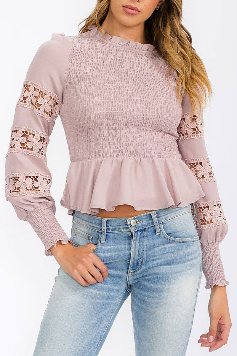 Long sleeve smock detailed peplum blouse top (RVWT6272)