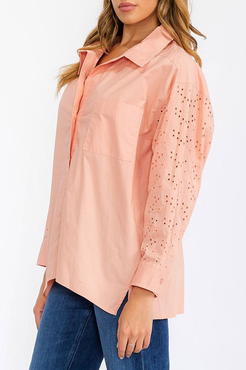 Long sleeve button up eyelet detailed blouse top (RVWT6278)