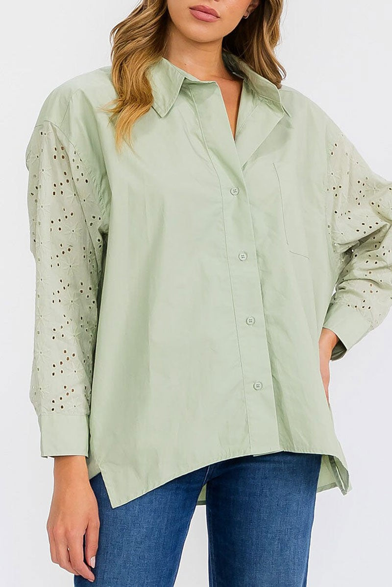 Long sleeve button up eyelet detailed blouse top (RVWT6278)