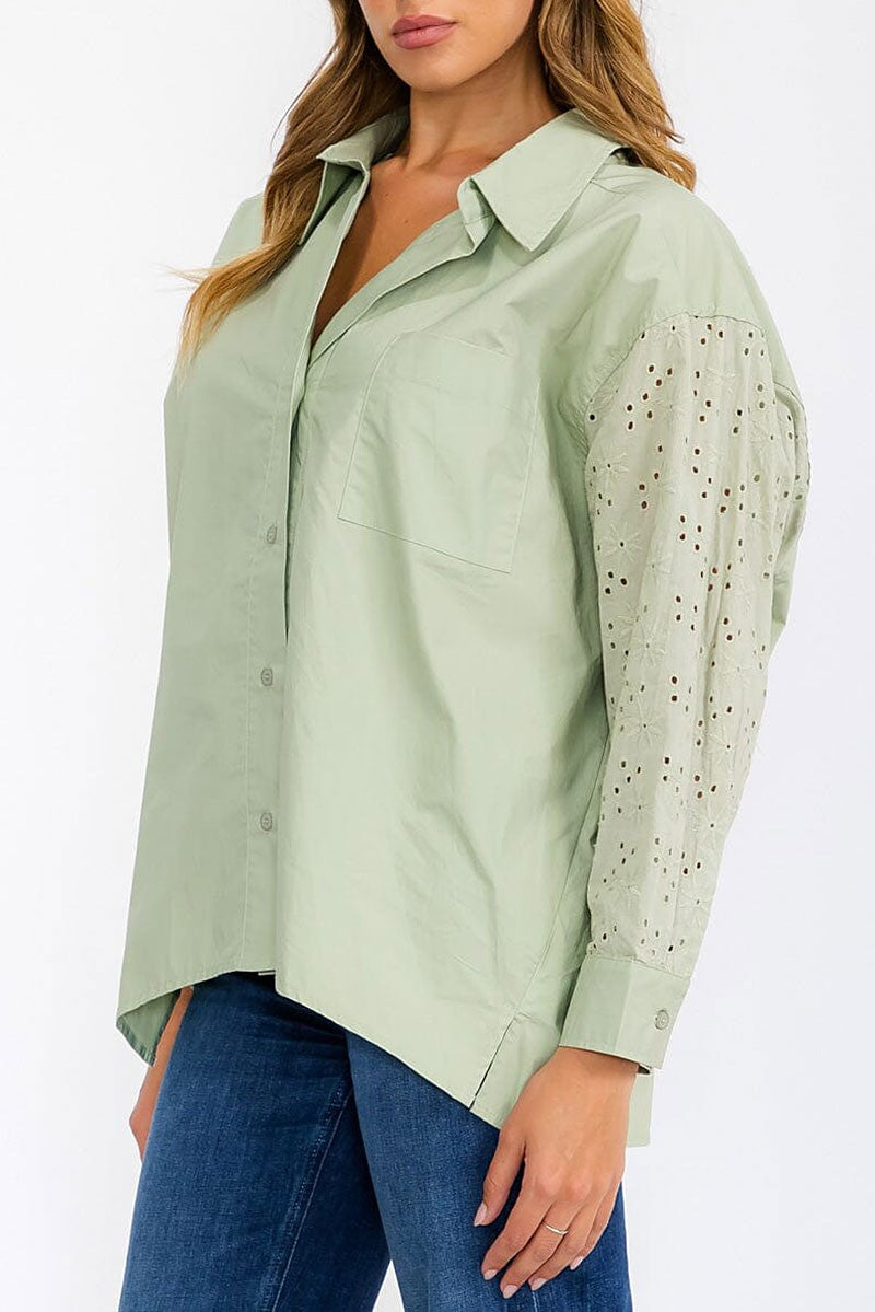 Long sleeve button up eyelet detailed blouse top (RVWT6278)