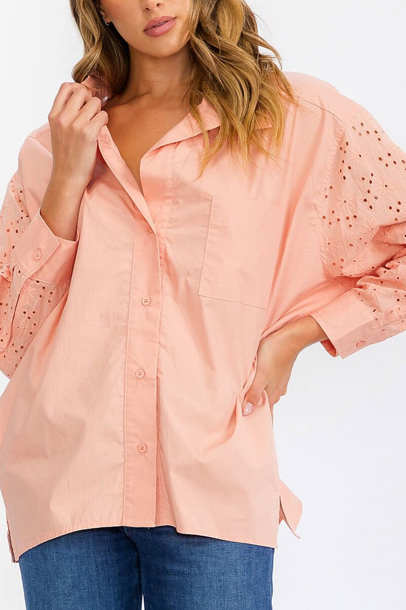 Long sleeve button up eyelet detailed blouse top (RVWT6278)