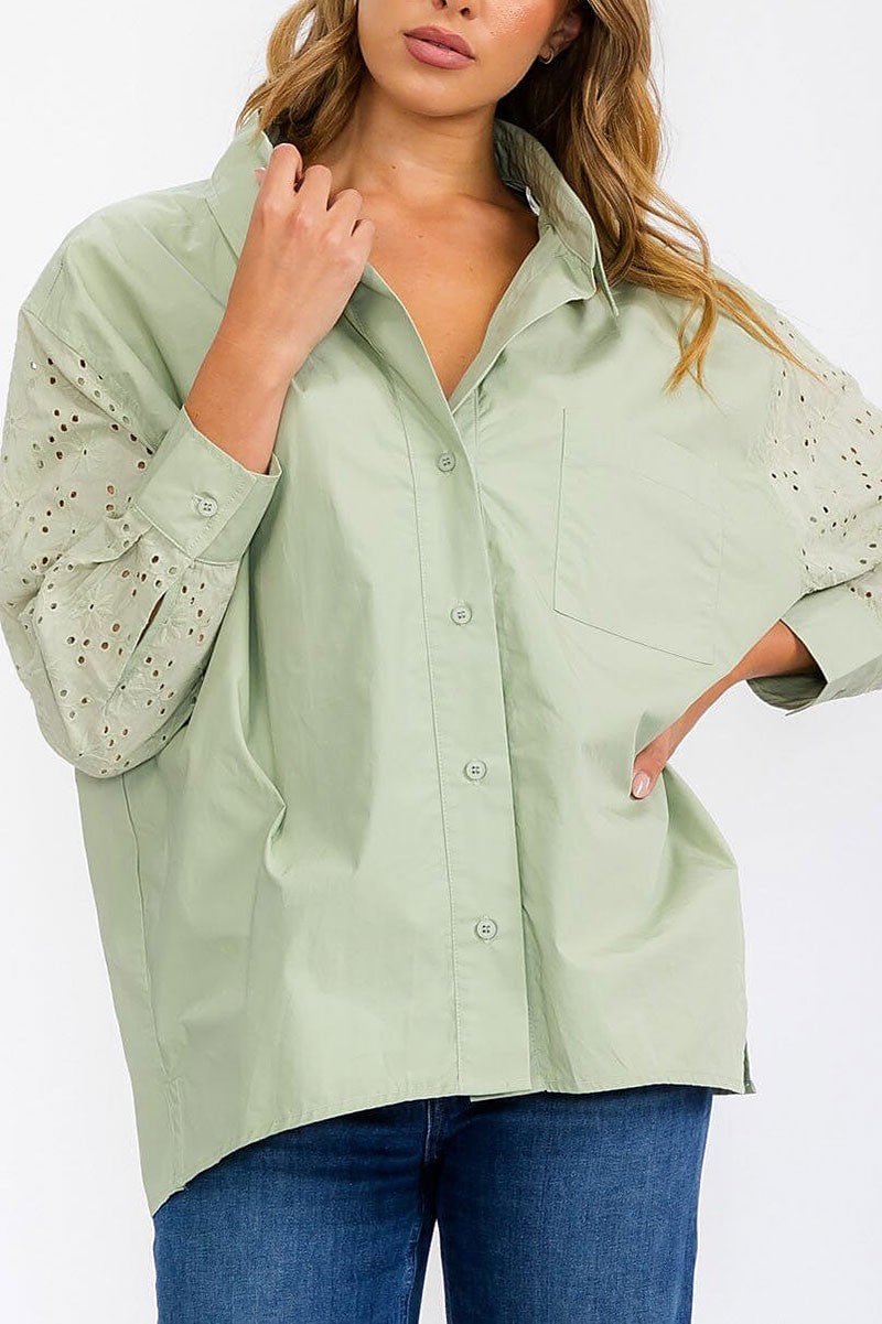 Long sleeve button up eyelet detailed blouse top (RVWT6278)