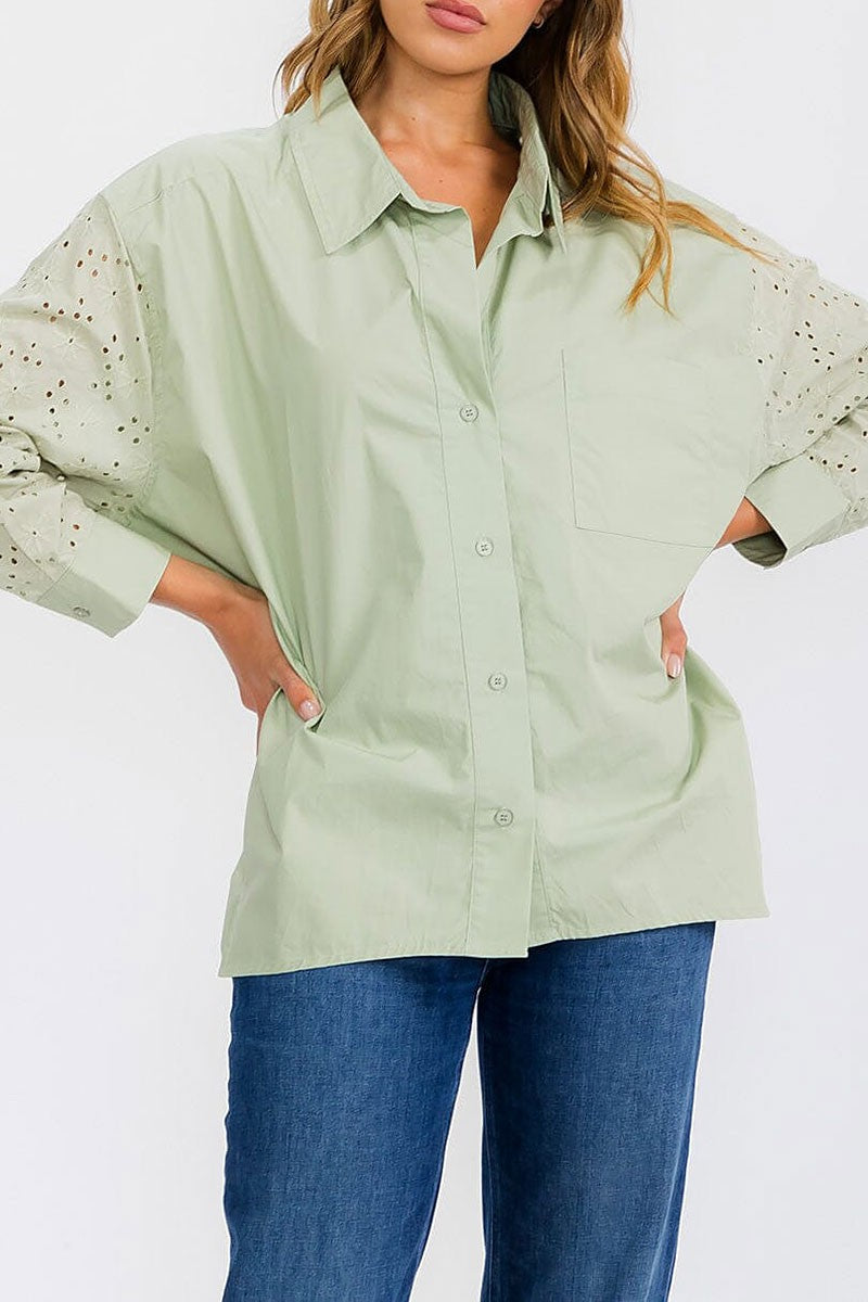 Long sleeve button up eyelet detailed blouse top (RVWT6278)