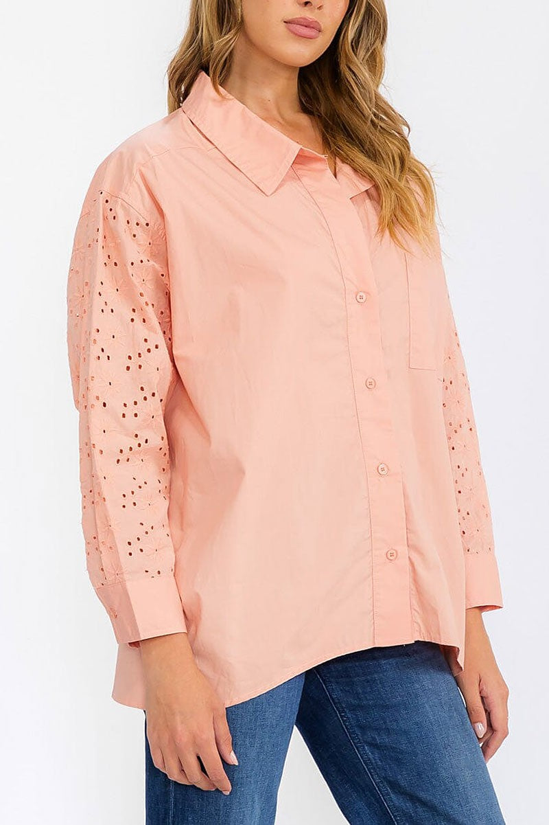 Long sleeve button up eyelet detailed blouse top (RVWT6278)