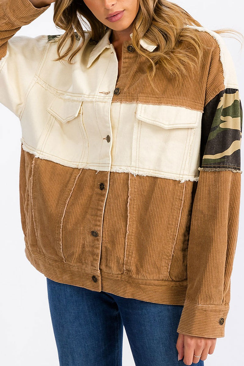 Button closure corduroy colorblock denimi jacket (RVWT6298)