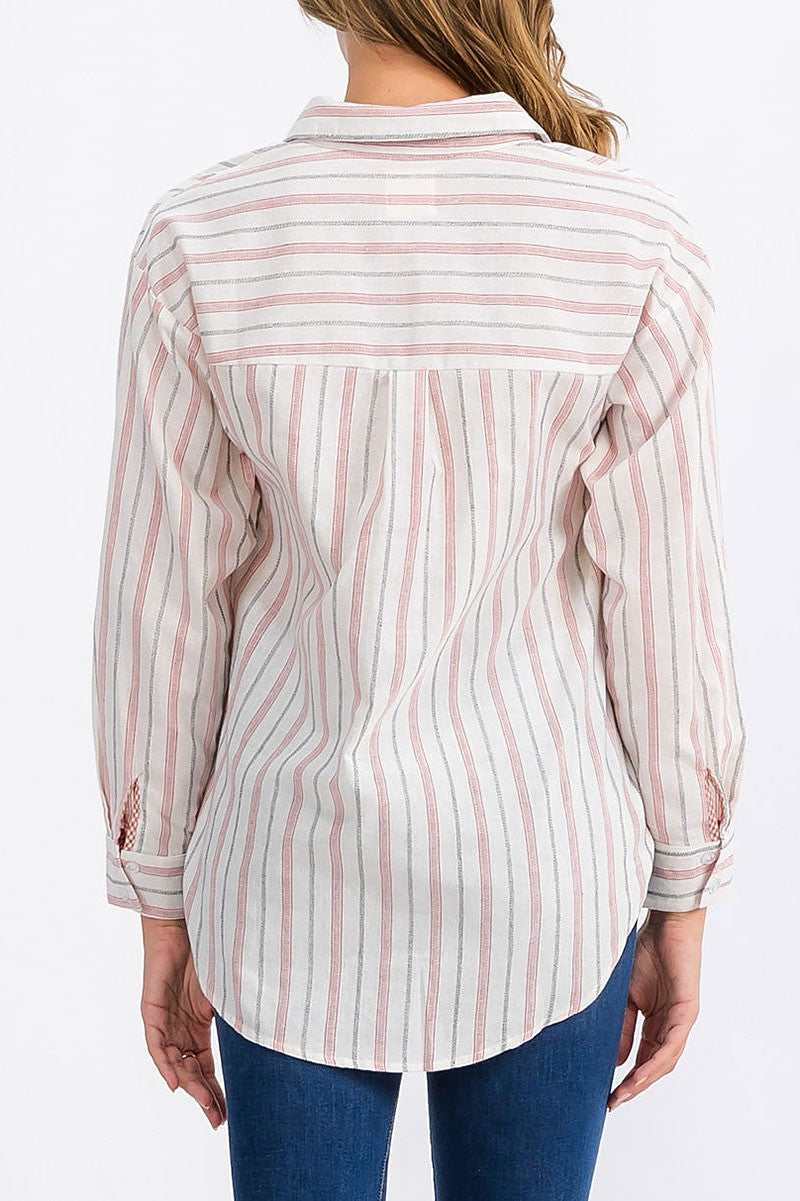 Long sleeve front pocket button up stripes top (RVWT6304)