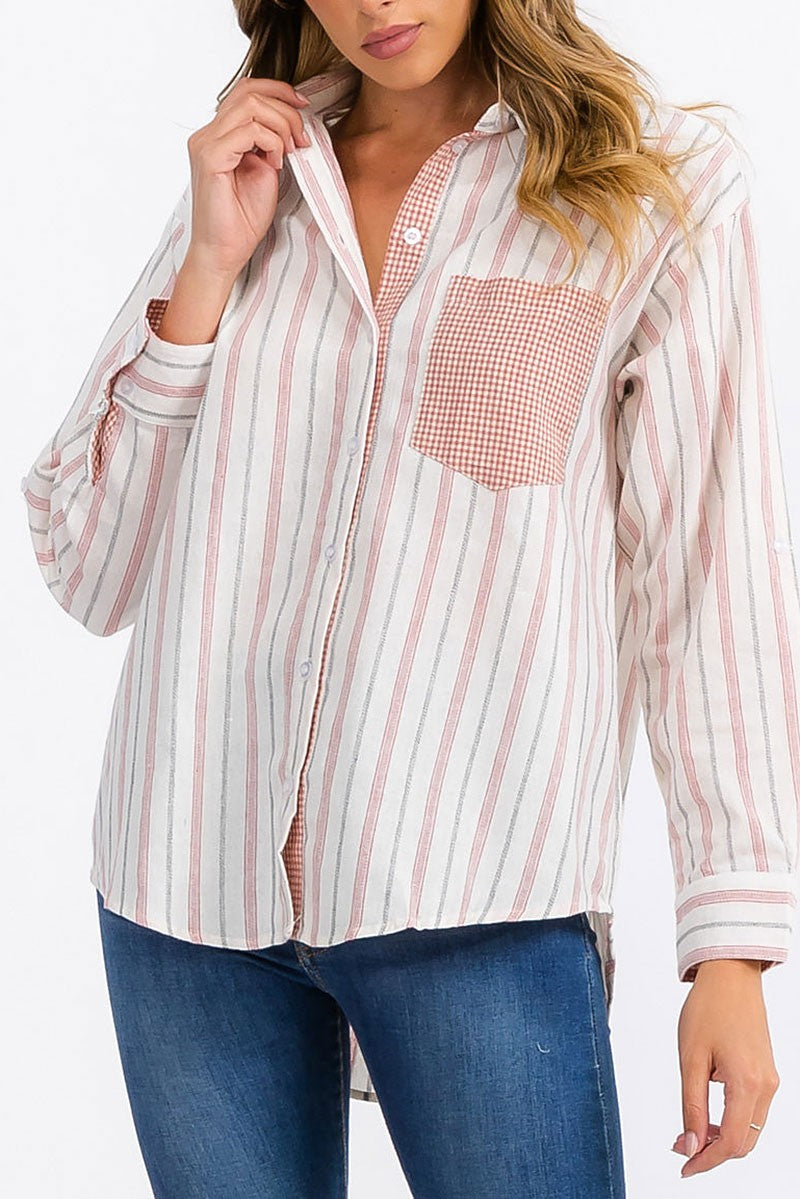 Long sleeve front pocket button up stripes top (RVWT6304)