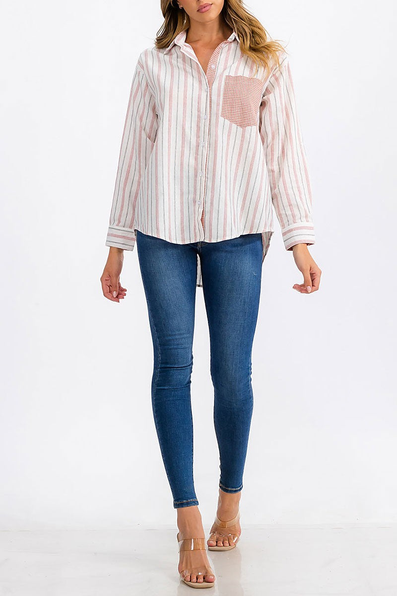 Long sleeve front pocket button up stripes top (RVWT6304)