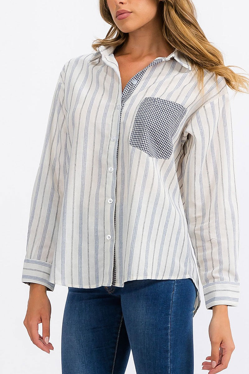 Long sleeve front pocket button up stripes top (RVWT6304)