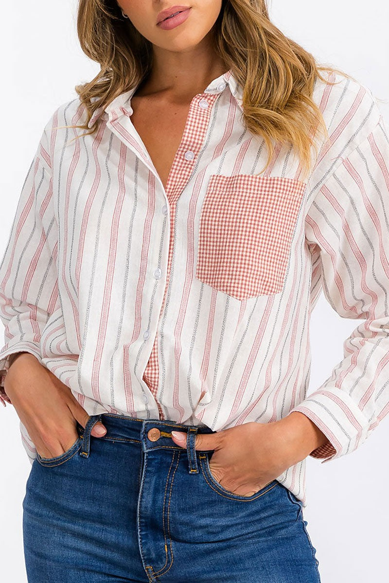 Long sleeve front pocket button up stripes top (RVWT6304)