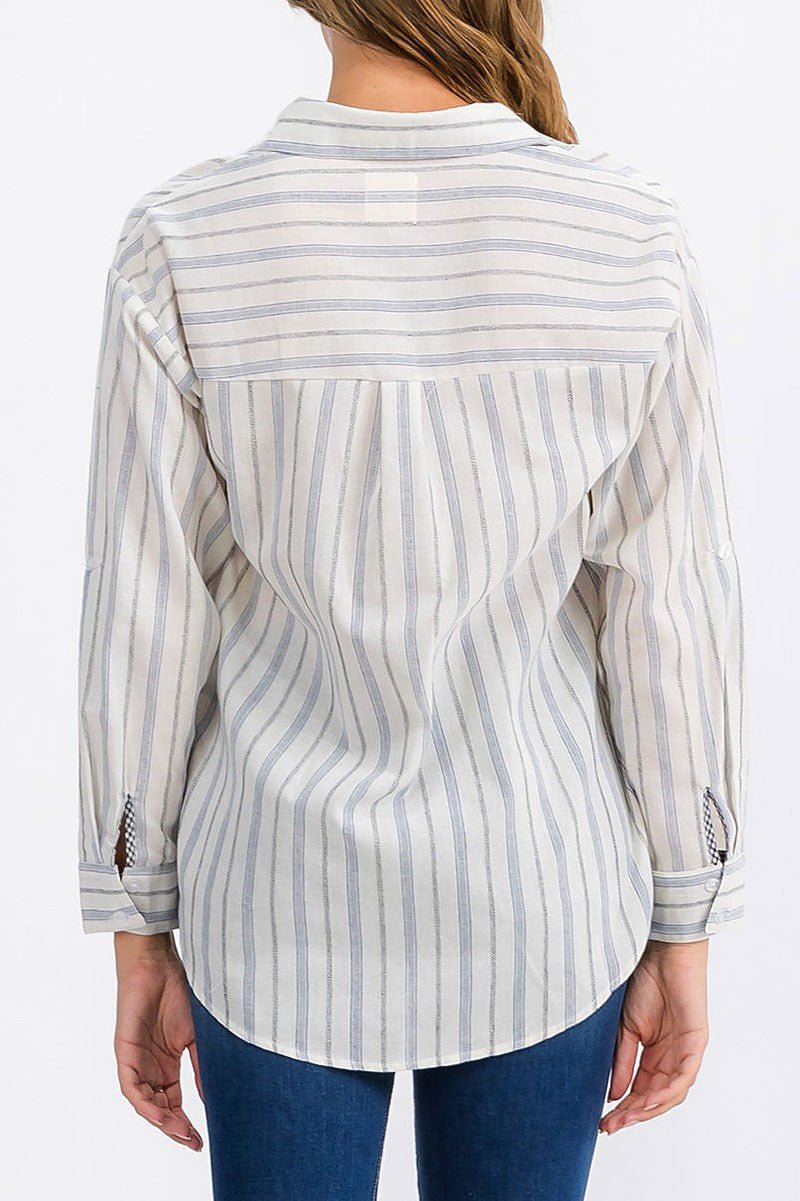 Long sleeve front pocket button up stripes top (RVWT6304)