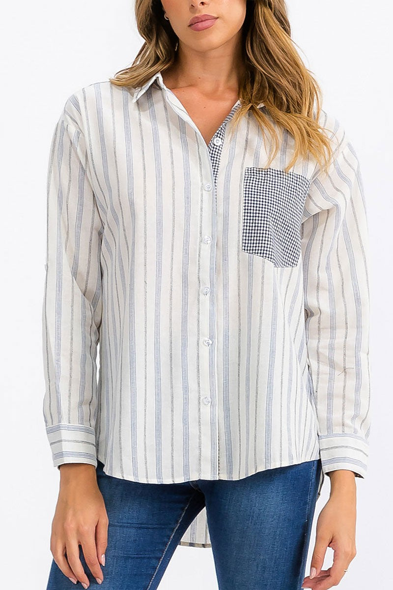 Long sleeve front pocket button up stripes top (RVWT6304)