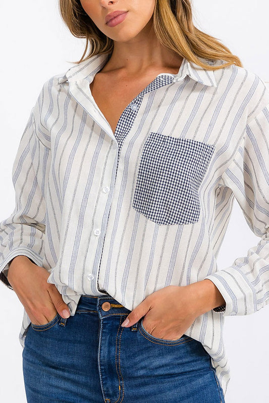 Long sleeve front pocket button up stripes top (RVWT6304)