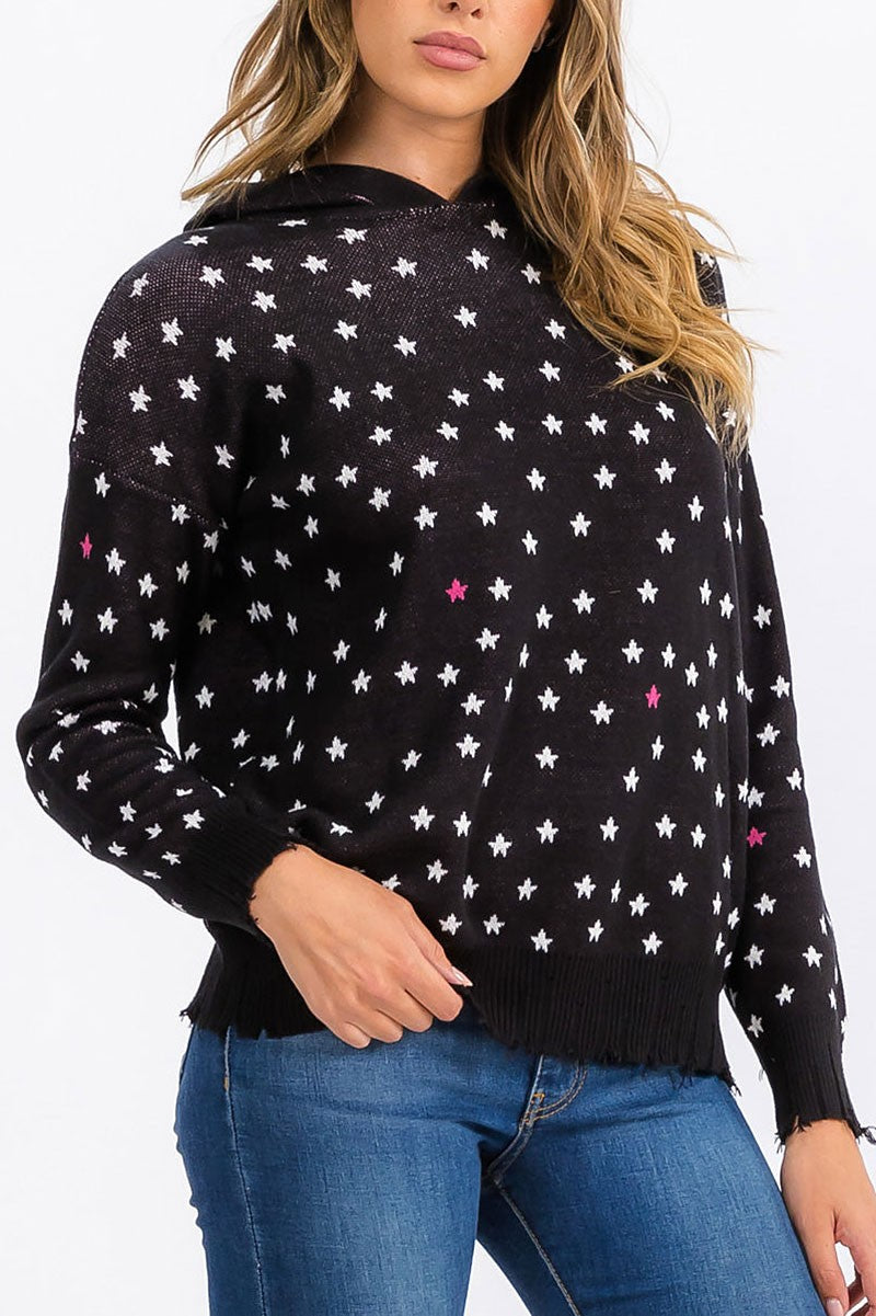 Long sleeve stars print pullover hooded top (RVWT6306)