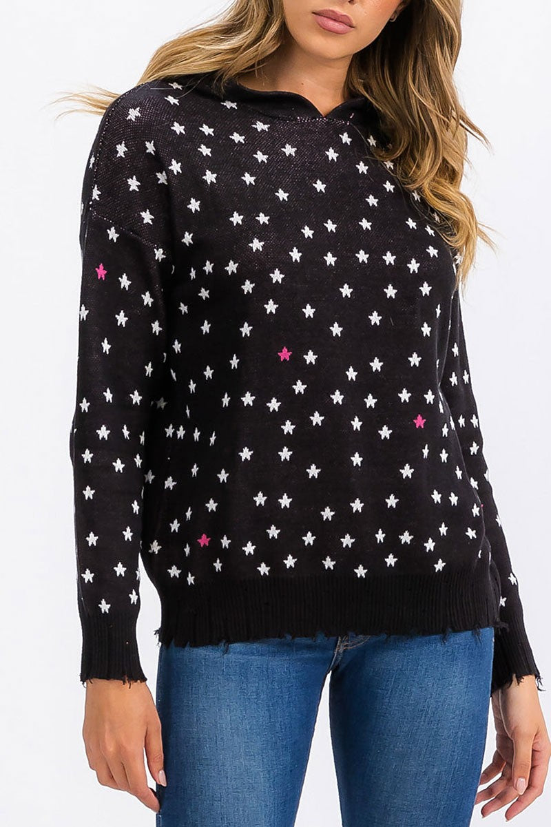 Long sleeve stars print pullover hooded top (RVWT6306)