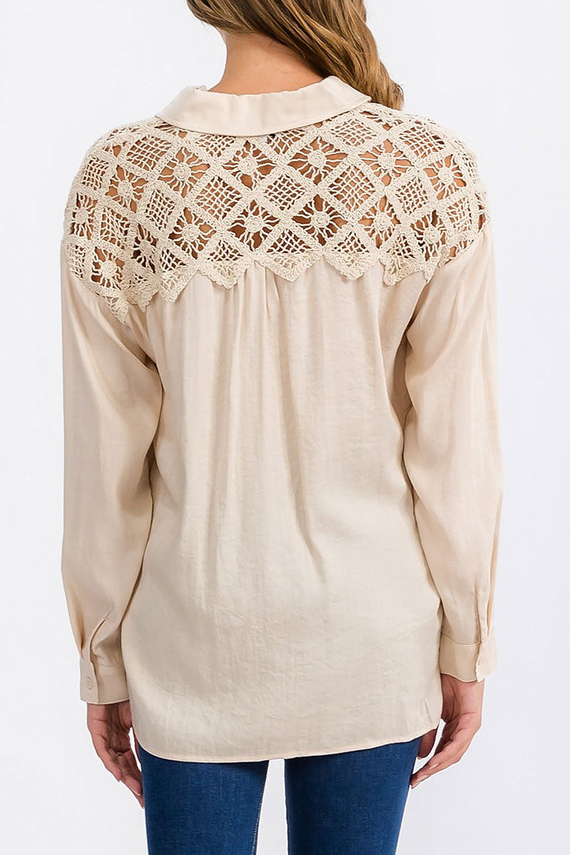 Long sleeve button up lace crochet detailed top (RVWT6310)