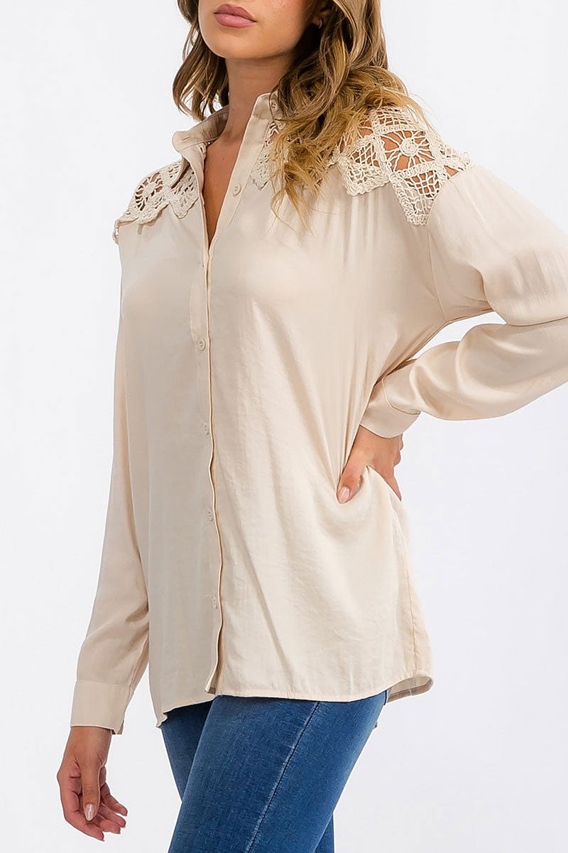 Long sleeve button up lace crochet detailed top (RVWT6310)