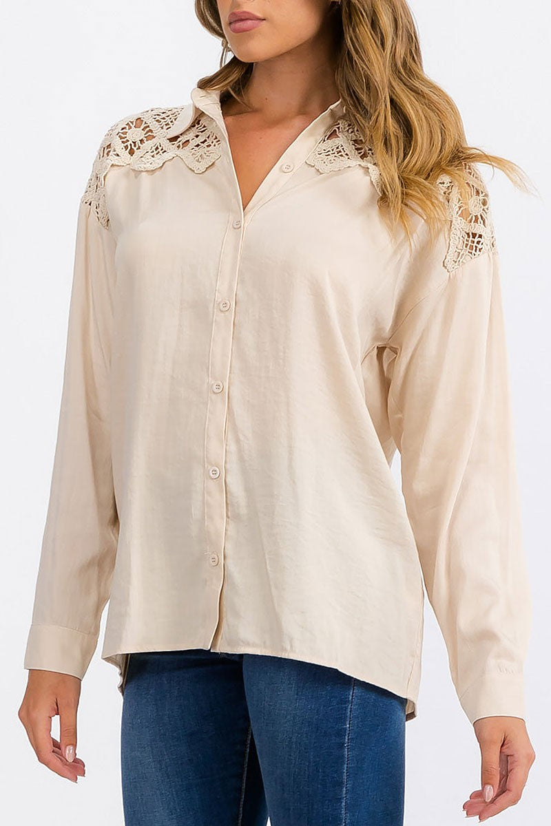 Long sleeve button up lace crochet detailed top (RVWT6310)