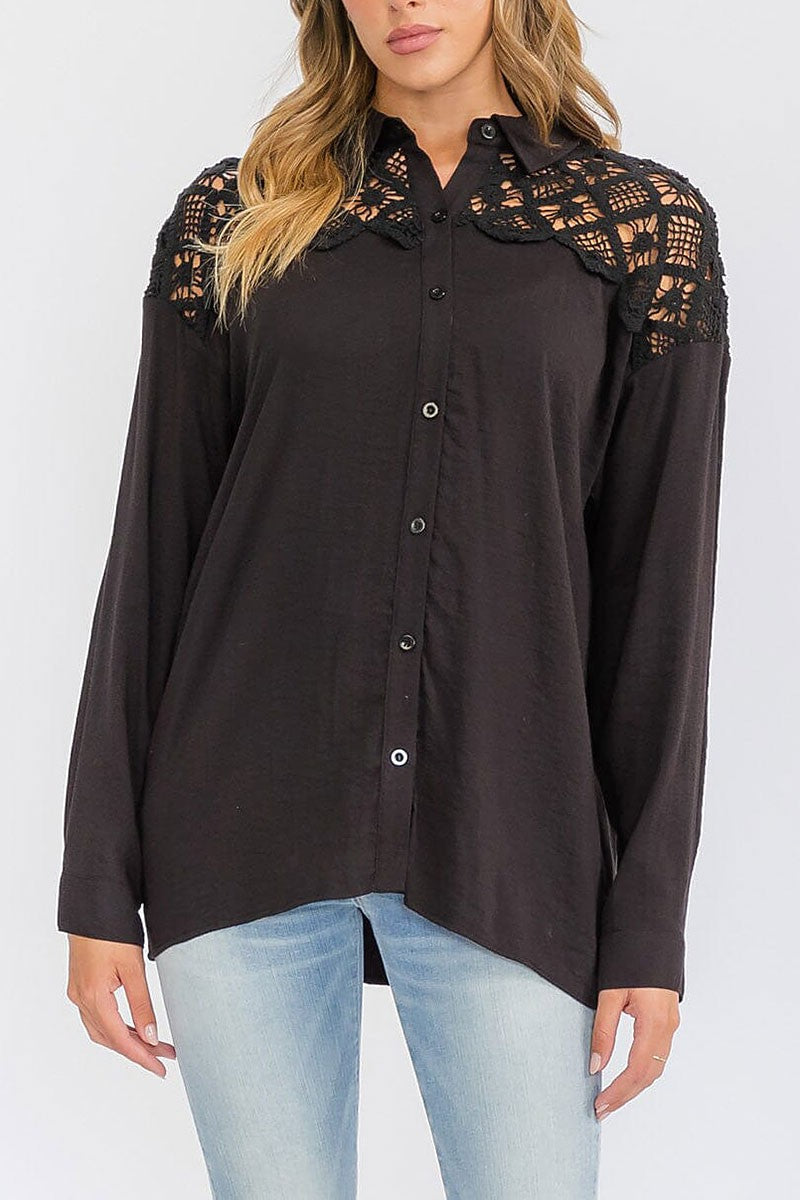 Long sleeve button up lace crochet detailed top (RVWT6310)