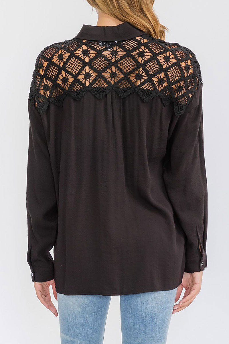 Long sleeve button up lace crochet detailed top (RVWT6310)