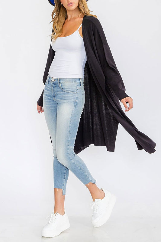 Long sleeve open front pockets drape cardigan (RVWT6313)