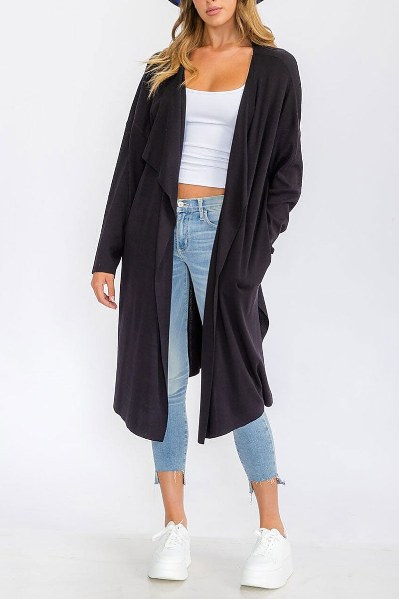 Long sleeve open front pockets drape cardigan (RVWT6313)