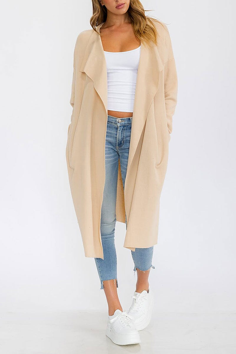 Long sleeve open front pockets drape cardigan (RVWT6313)