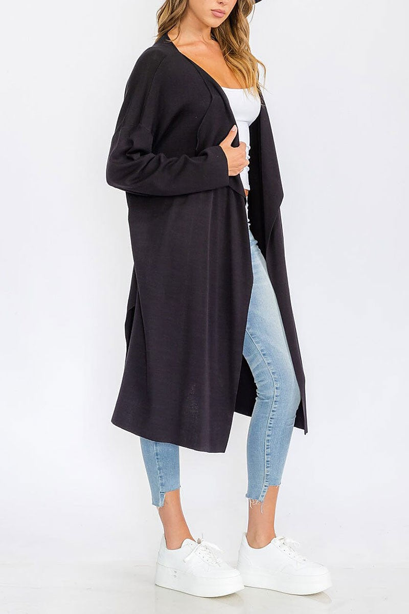 Long sleeve open front pockets drape cardigan (RVWT6313)