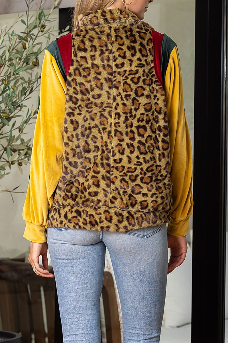 Leopard/mustard color block velour track jacket (RSSW4692)