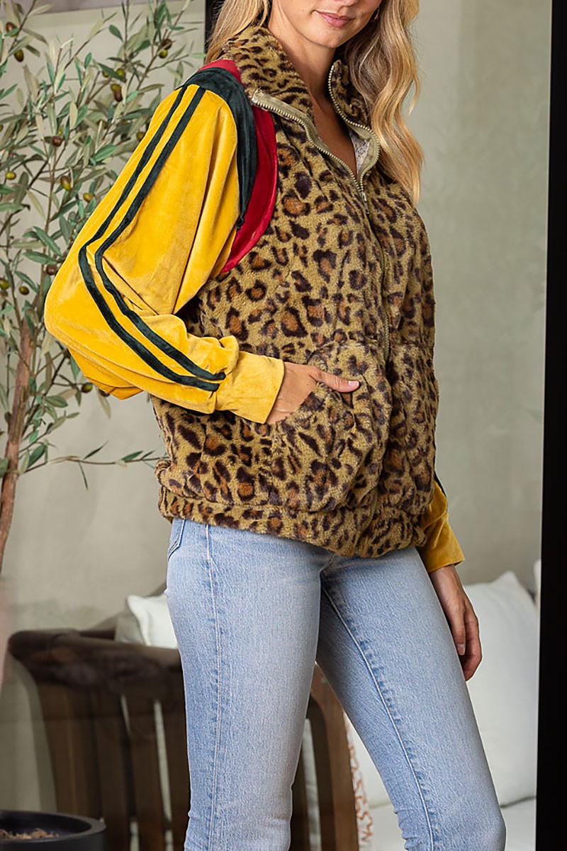 Leopard/mustard color block velour track jacket (RSSW4692)