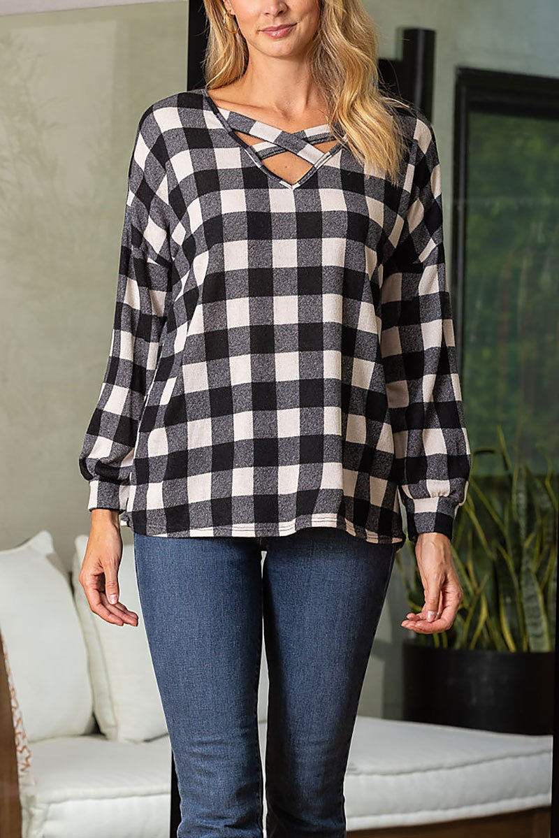 Madras print long sleeves tunic knit top (RSSW4694)