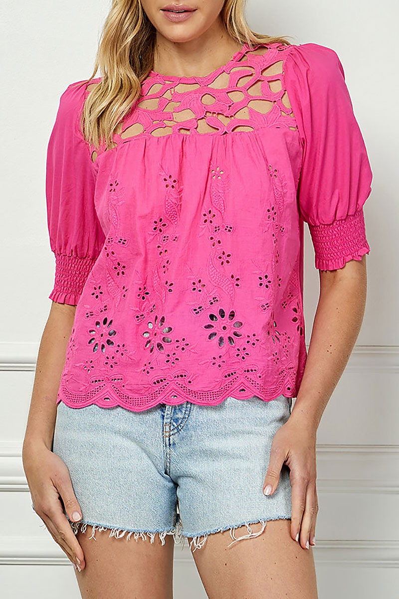 Short sleeves lace embroidered detailed top (RSSW4705)