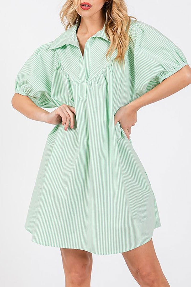 Striped collared puff sleeves mini dress (RSSW4711)