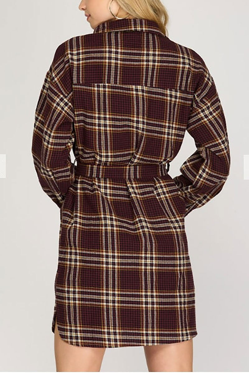 Plaid long sleeves waist-tie shirt mini dress (RSSW4715)