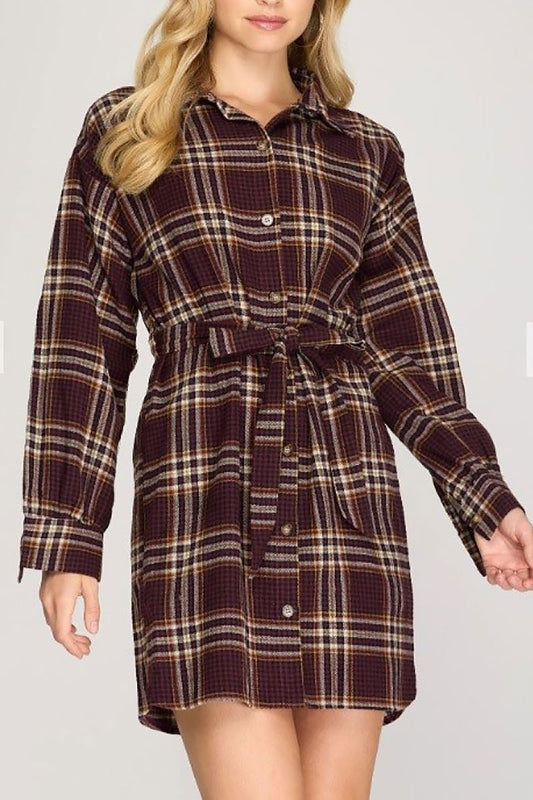 Plaid long sleeves waist-tie shirt mini dress (RSSW4715)