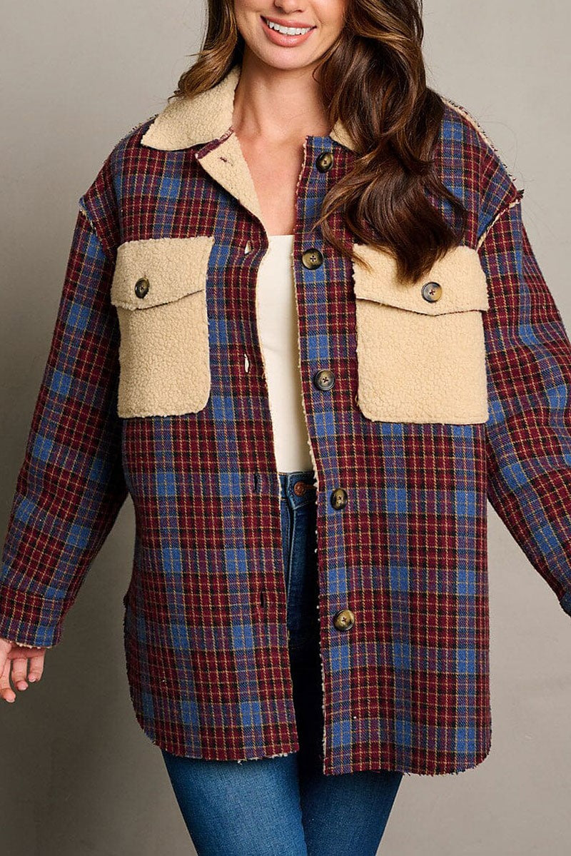 Long sleeve button closure sherpa plaid jacket (RVWT6381)