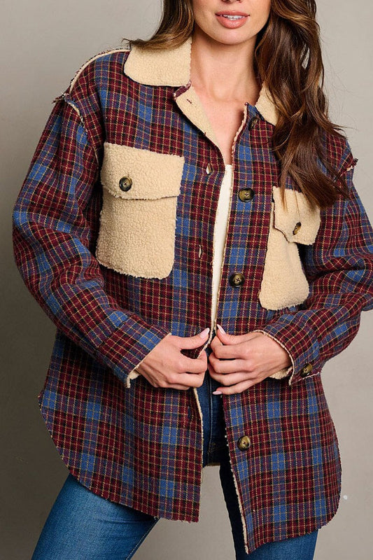 Long sleeve button closure sherpa plaid jacket (RVWT6381)