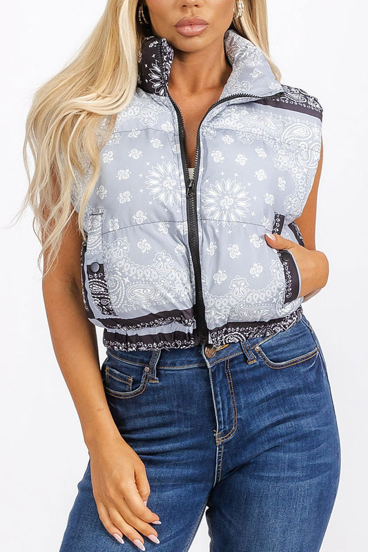 Zip up front pockets multi print puffer vest (RVWT6386)