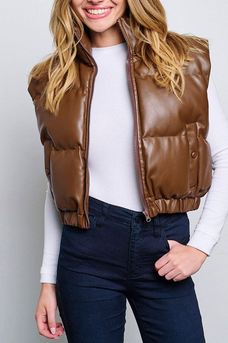 Zip up front pockets pu pleather puffer vest (RVWT6388)