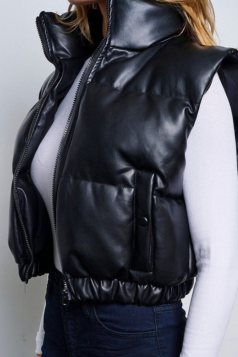 Zip up front pockets pu pleather puffer vest (RVWT6388)