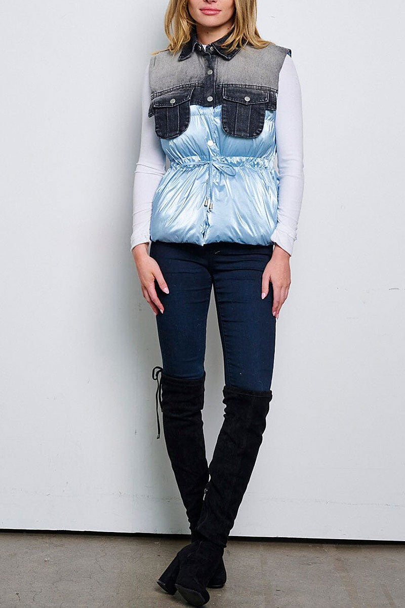 Front pockets denim contrast puffer vest (RVWT6390)