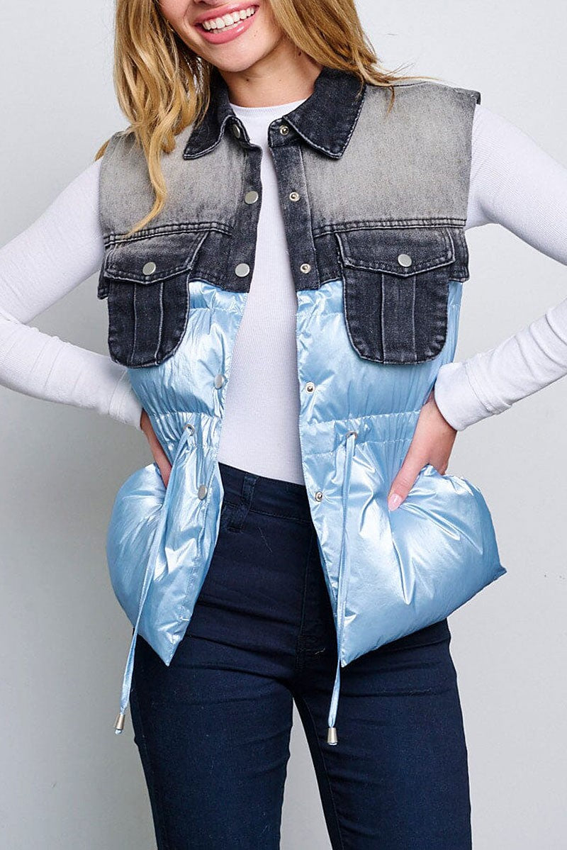 Front pockets denim contrast puffer vest (RVWT6390)