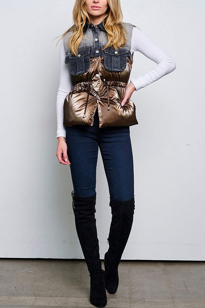 Front pockets denim contrast puffer vest (RVWT6390)