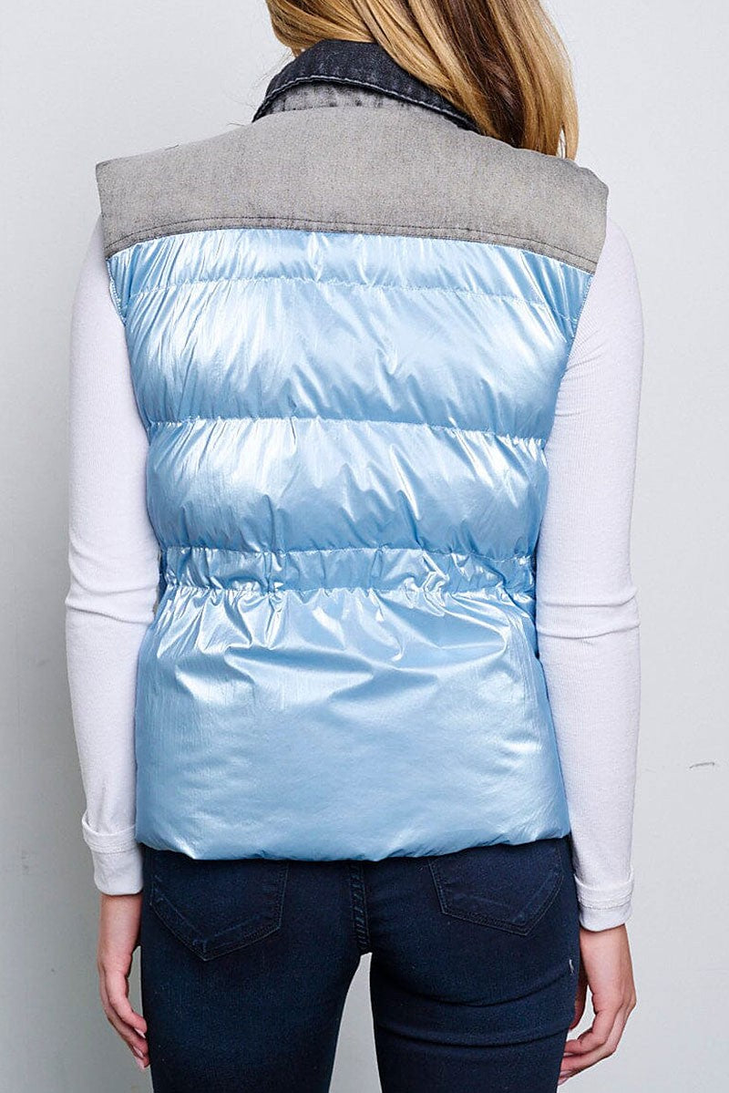 Front pockets denim contrast puffer vest (RVWT6390)