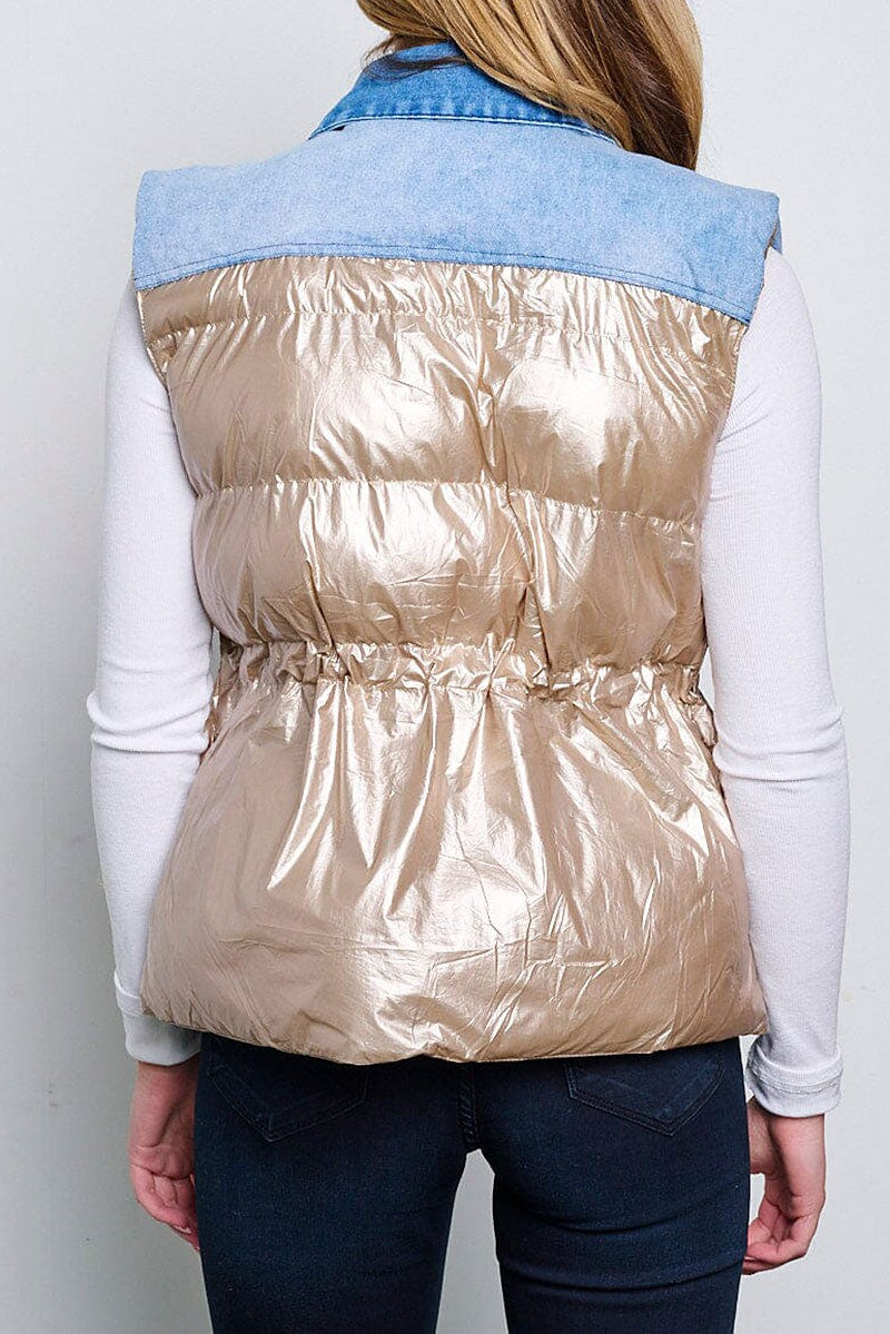 Front pockets denim contrast puffer vest (RVWT6390)